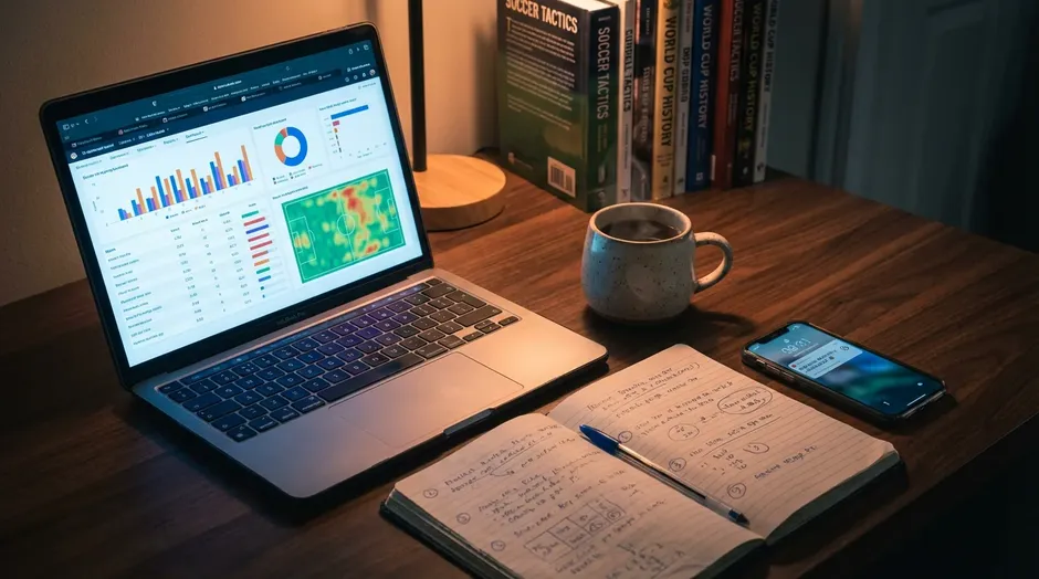Skrivbord med laptop som visar fotbollsstatistik och oddssiffror bredvid en kopp kaffe och anteckningsblock