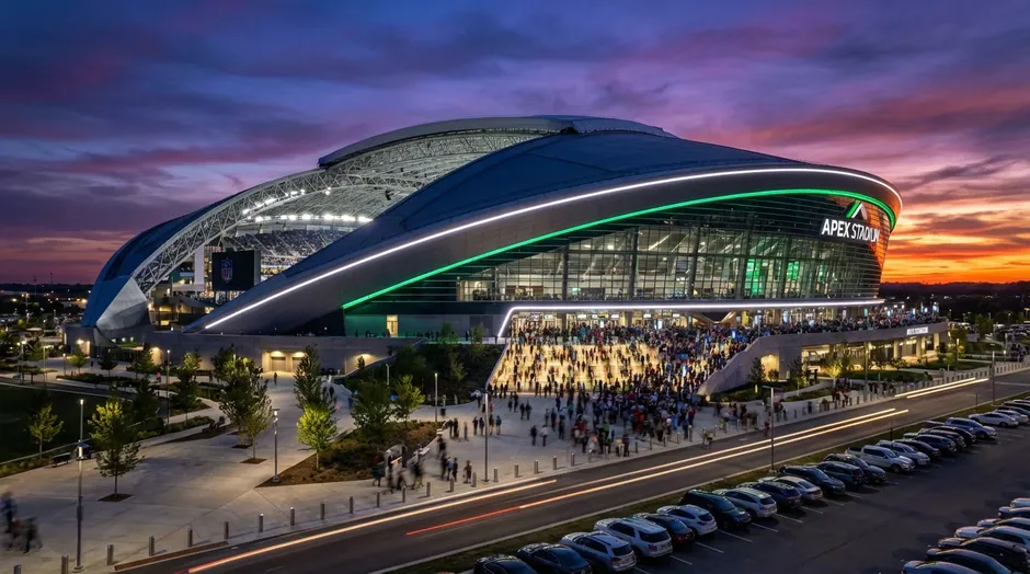 Exteriörbild av ett modernt amerikanskt fotbollsstadion i skymningsljus med publiken på väg in