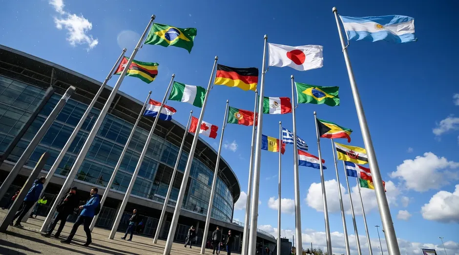 Nationsflaggor från flera länder uppradade vid en fotbollsarena inför VM 2026-gruppspelet