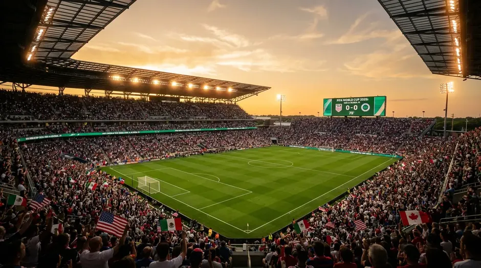Panoramautsikt över ett fullt fotbollsstadion upplyst för en kvällsmatch under VM 2026