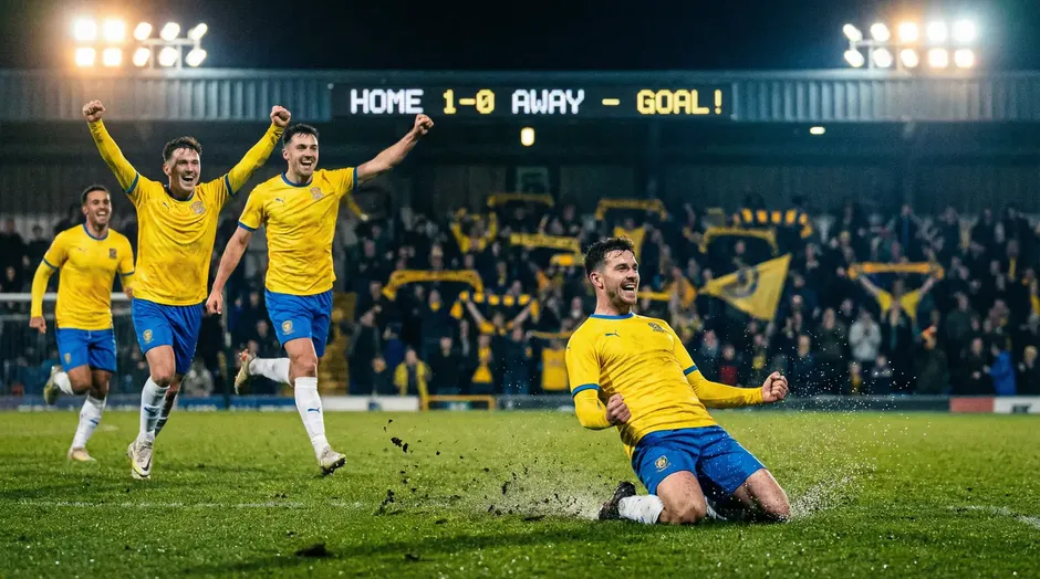 Svenska fotbollsspelare i gula tröjor firar ett mål på en grön plan under kvällsbelysning