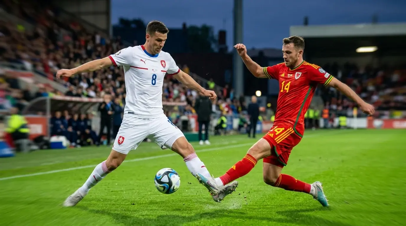 Två fotbollsspelare kämpar om bollen i en närkamp under en kvällsmatch i fotbolls-VM 2026