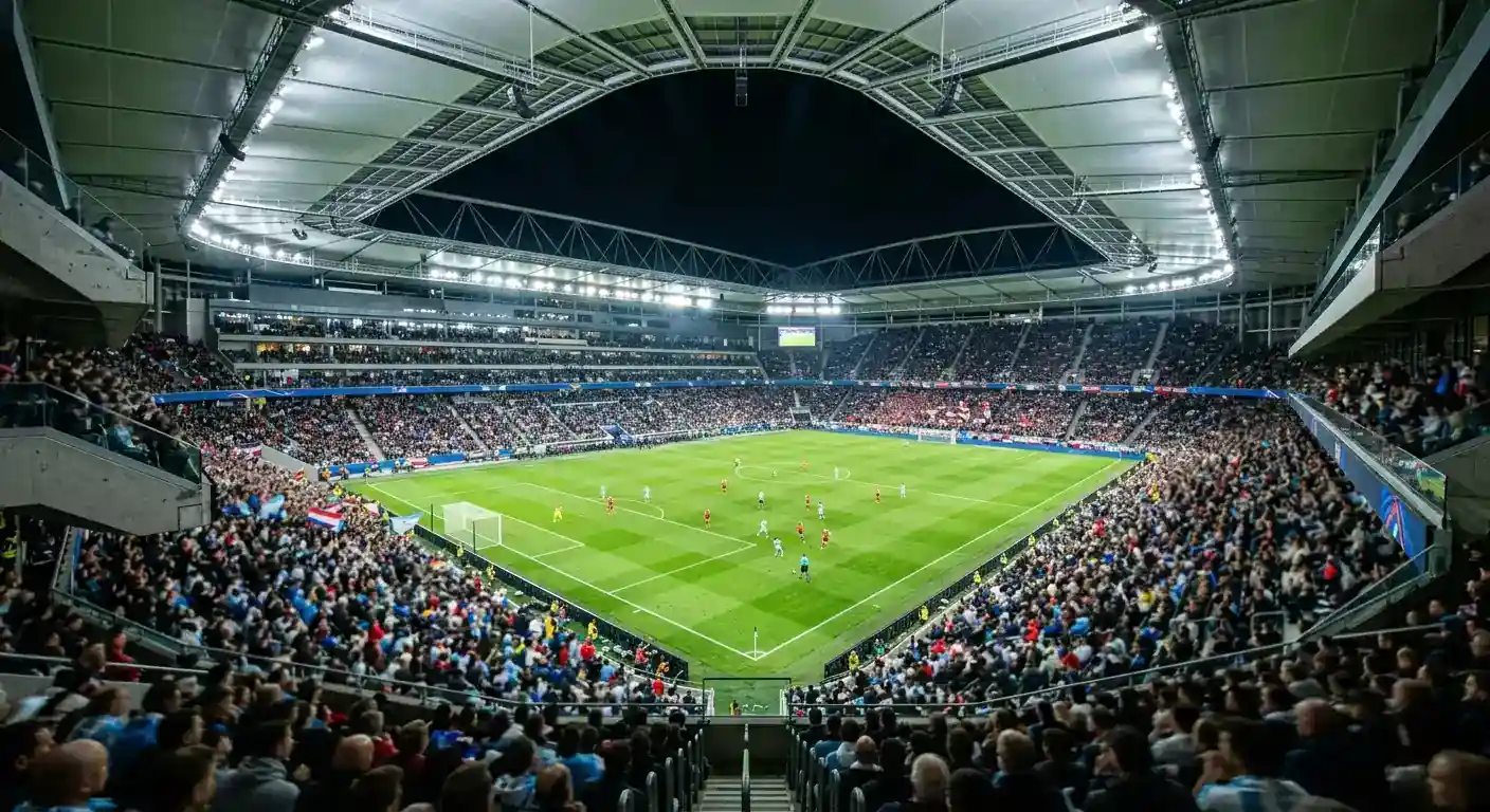 En fullsatt arena med strålkastare under en kvällsmatch i fotbolls-VM 2026