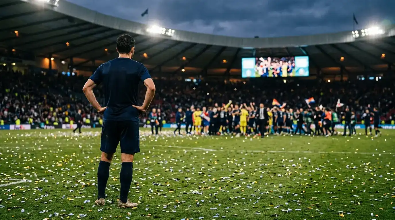 En ensam fotbollsspelare i mörk landslagströja står på planen med händerna i sidorna efter en förlorad match