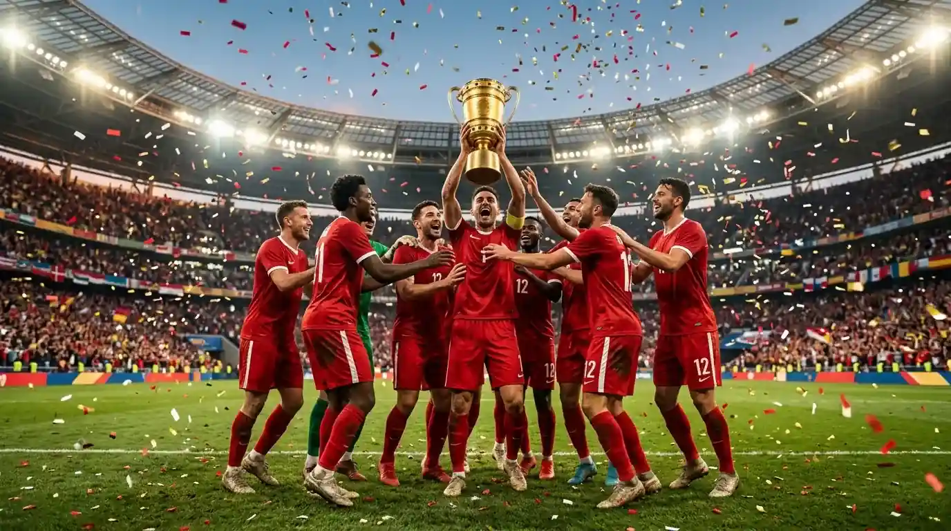 Spelare i röda landslagströjor firar med pokalen på en fullsatt fotbollsarena efter VM-finalen 2026
