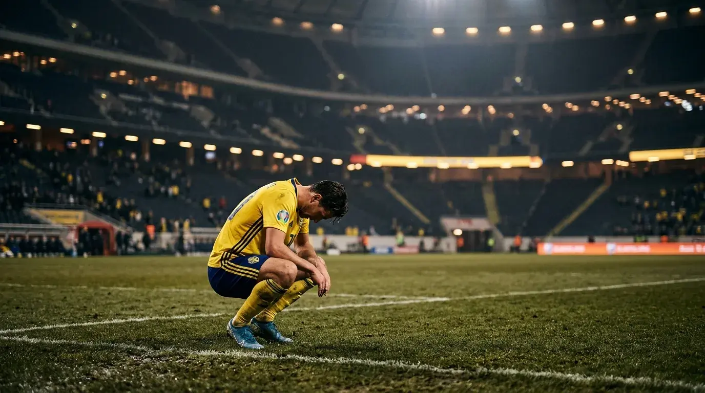 En fotbollsspelare i gult och blått sitter besviken på planen efter en förlust i fotbolls-VM 2026