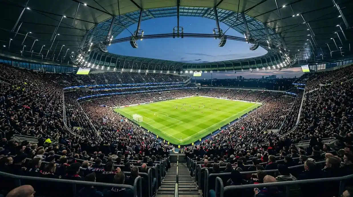 En fullsatt fotbollsarena sedd uppifrån under en kvällsmatch med tänd belysning