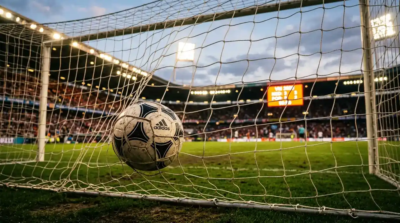 Närbild på en fotboll i nätet med spelschema och resultat i bakgrunden under fotbolls-VM 2026