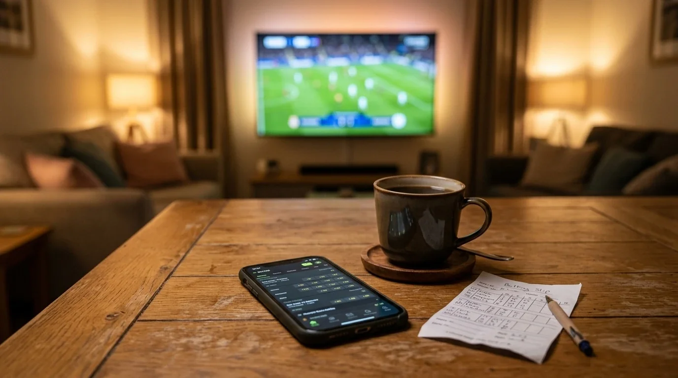 En spelkupong och mobiltelefon med oddsappar på ett bord framför en TV som visar fotbolls-VM 2026